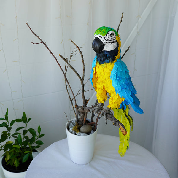 Handmade paper mache Blue and gold macaw parrot