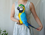 Handmade paper mache Blue and gold macaw parrot