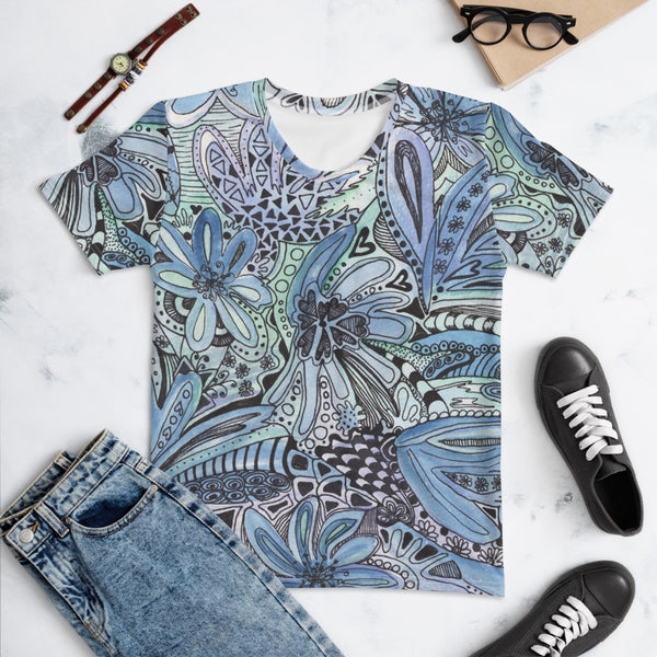 Women's T-shirt 'blue watercolor and doodles'